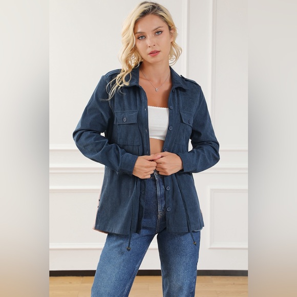 Geometric Button Up Drawstring Collared Neck Jacket - Picture 3 of 5